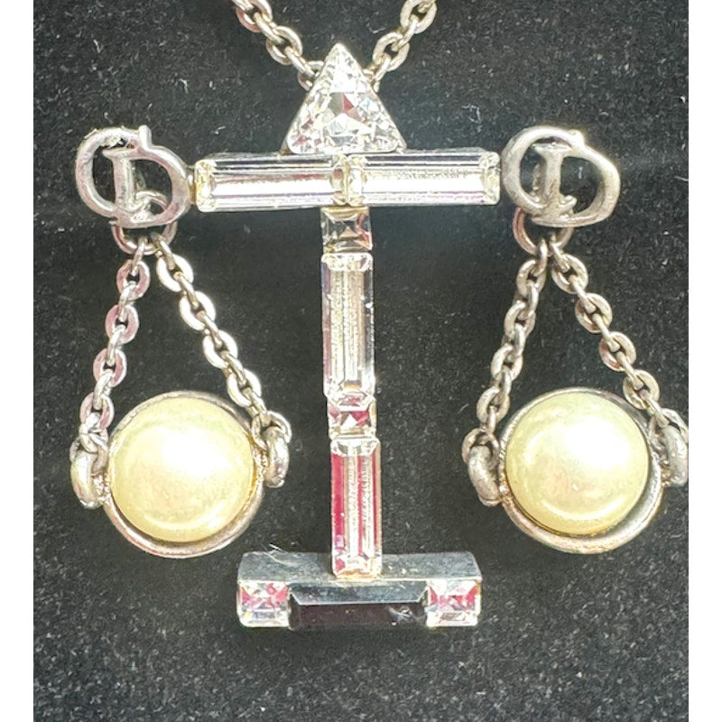 Christian Dior Silver Scale of Justice Charm Necklace with Pearls & Crystals