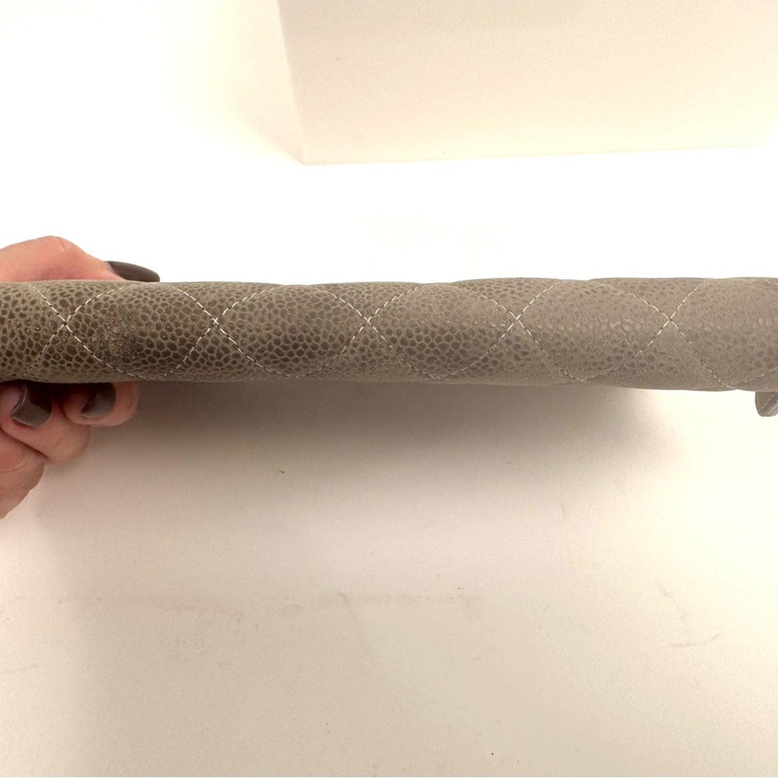 Women’s Chanel zip around long wallet, gray quilted pattern ombre holo present