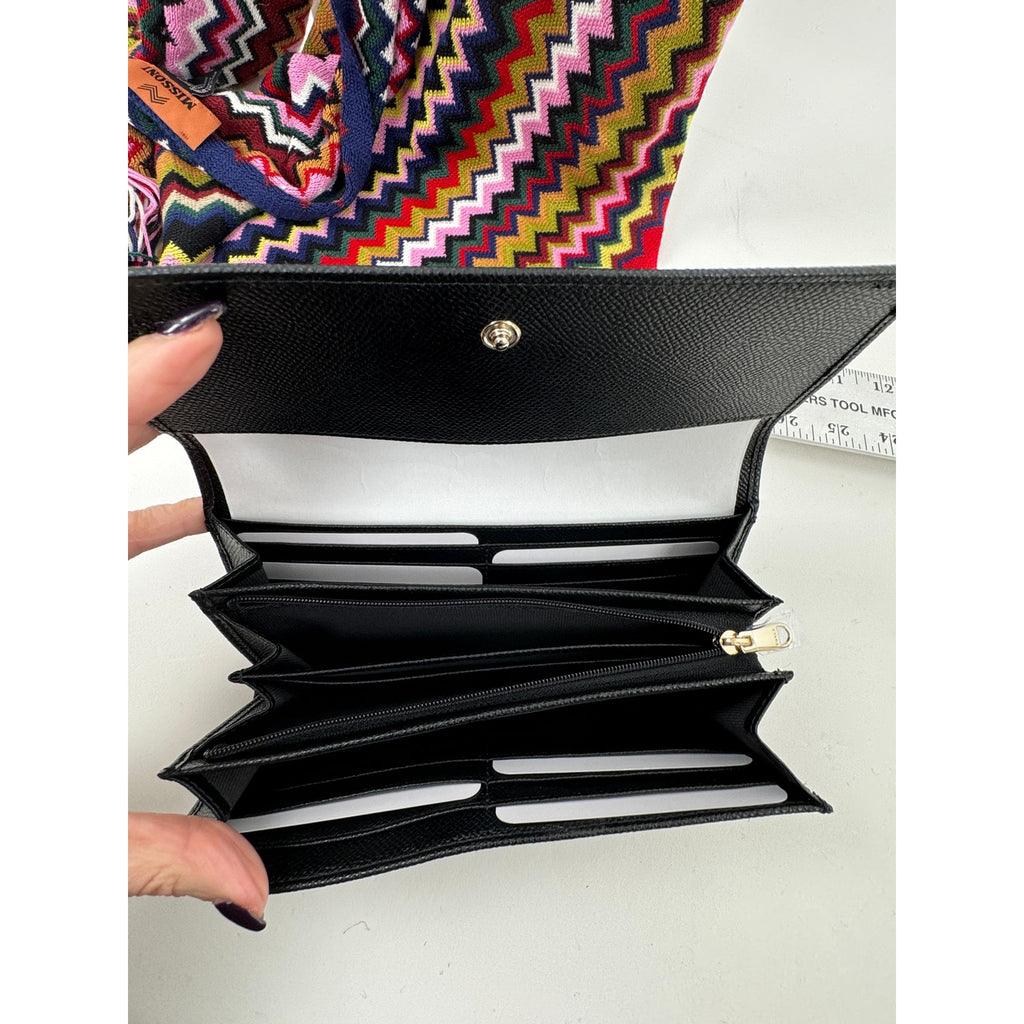 Furla NWT Black Pebble Grained Continental Trifold Wallet With Box and Bag Charm