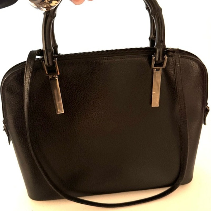 Gucci Black Pebble Grained leather w/bamboo handle /top zip/silver hardware