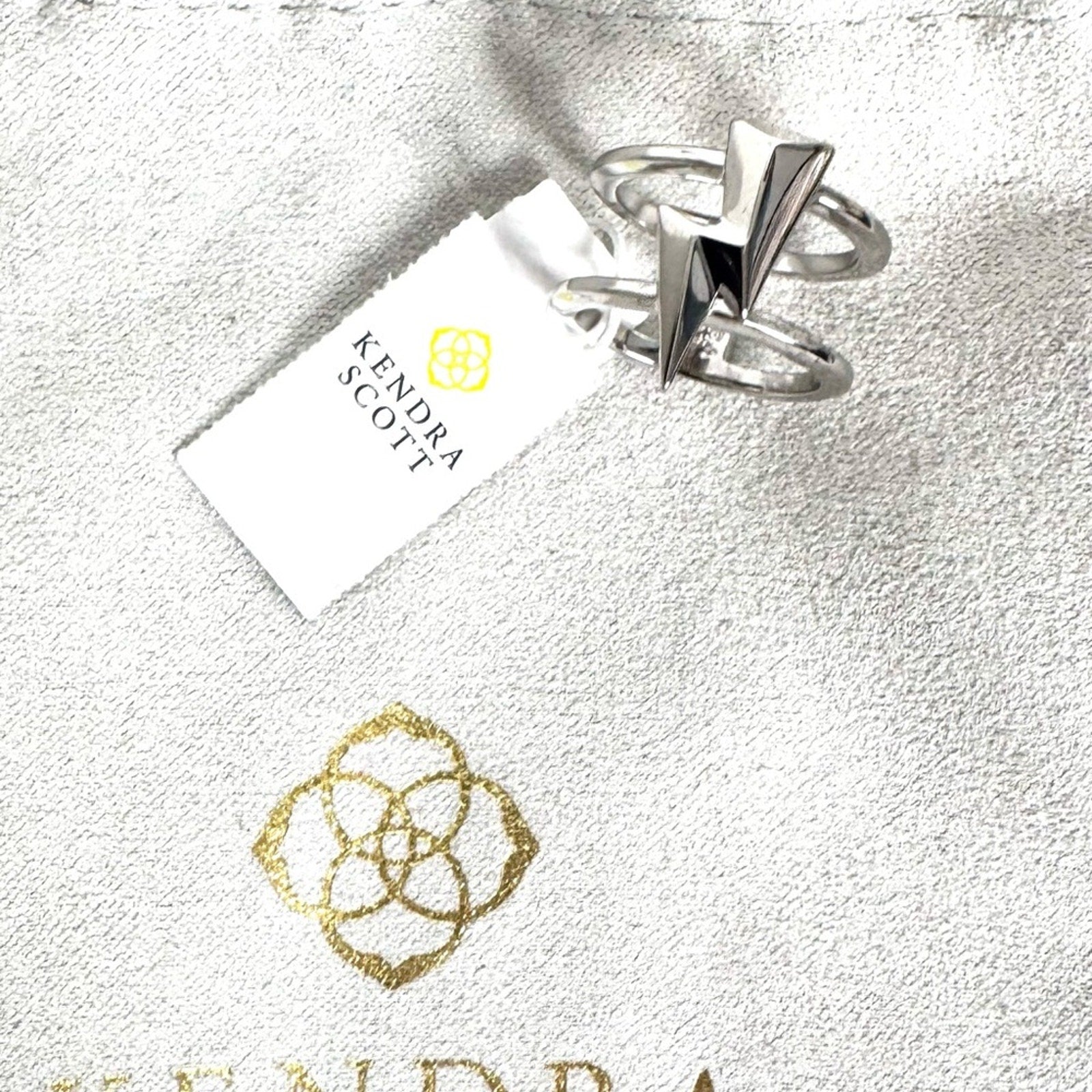 Kendra Scott Silver Ring lightning bolts pattern new with tags in branded dusty