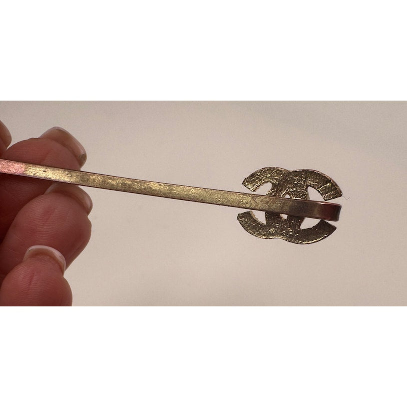 Chanel CC Enamel and Crystal White & Gold Tone Hair Pin