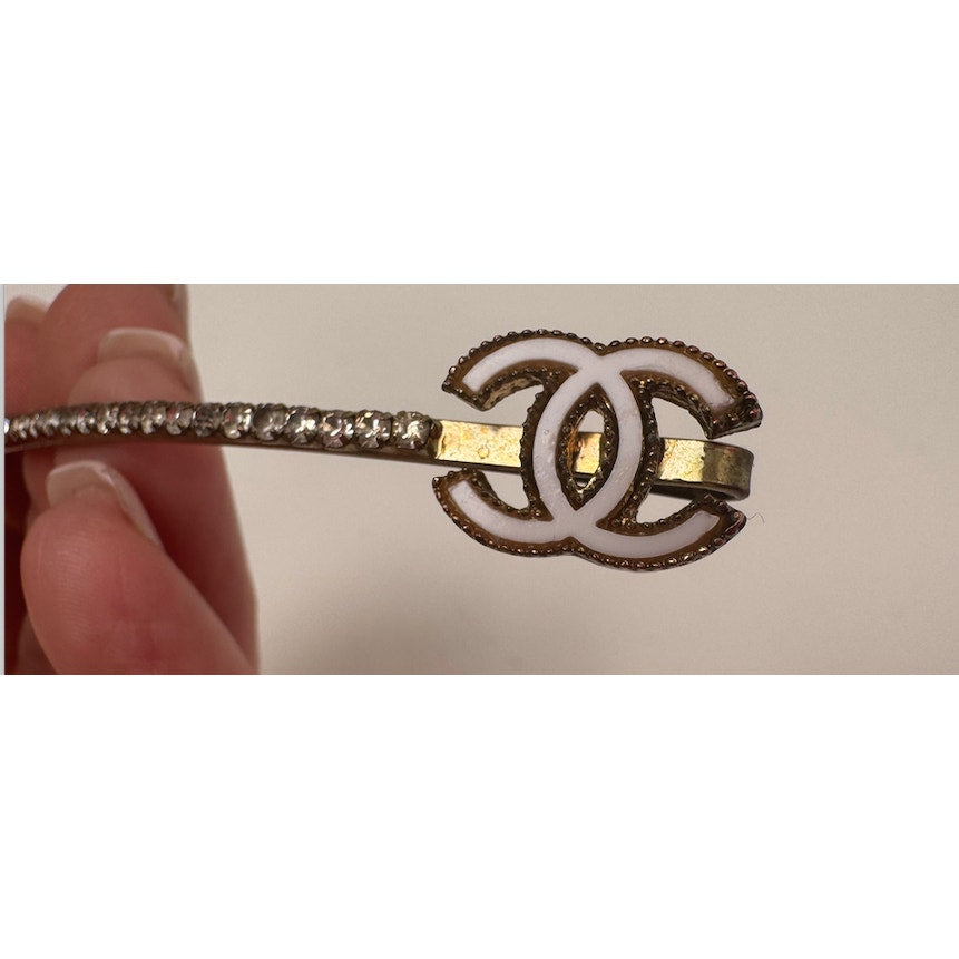 Chanel CC Enamel and Crystal White & Gold Tone Hair Pin