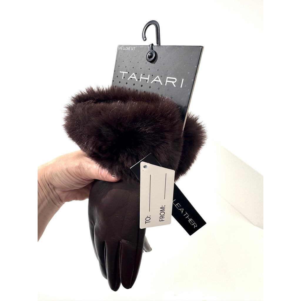 Women's Tahari NWT Brown Leather Gloves With Faux Fur Cuffs