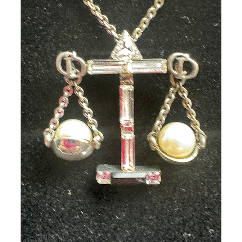 Christian Dior Silver Scale of Justice Charm Necklace with Pearls & Crystals
