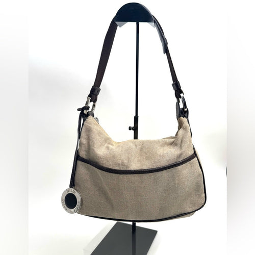 Bally linen shoulder bag /leather piping/web strap and  silver Bally purse charm