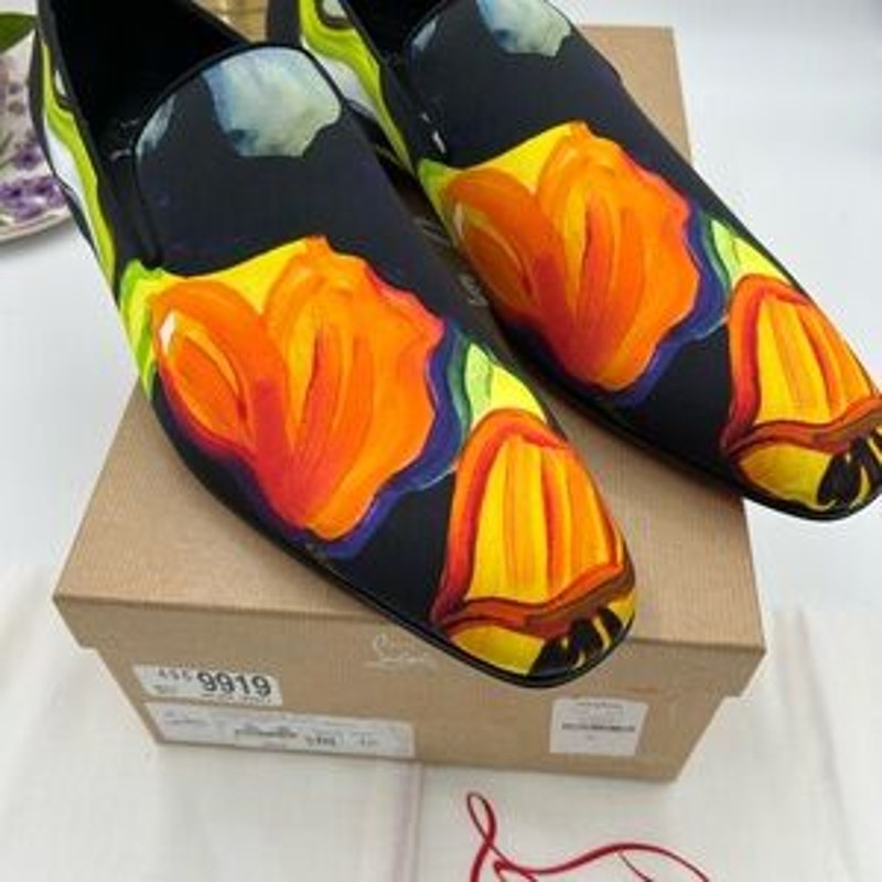 Men's Christian Louboutin, dandy chick roses, satin loafers size 46 made Italy