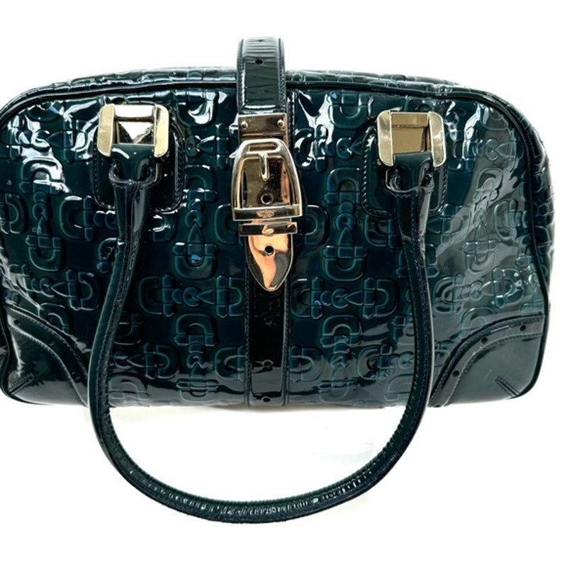 Gucci Vintage Green Blue Black patent leather top handle bag w/gold hardware