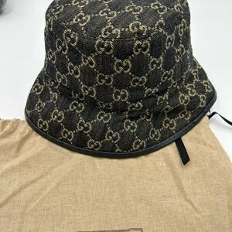Unisex Gucci, GG denim black/beige bucket hat, size medium, made in Italy