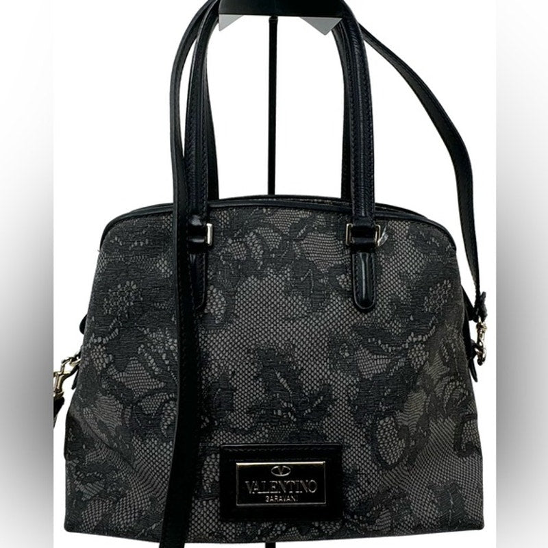 Valentino Garavani Black Lace Top Handle Bag with 3 sections and gold feet