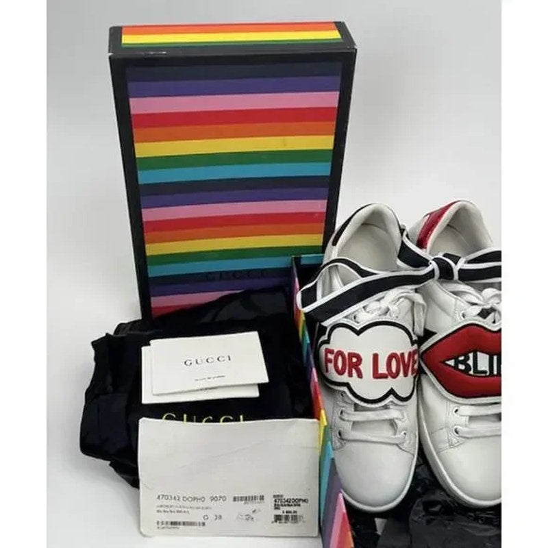 VNDS OG Women's Gucci White Leather Blind For Love Ace Sneakers Size 39