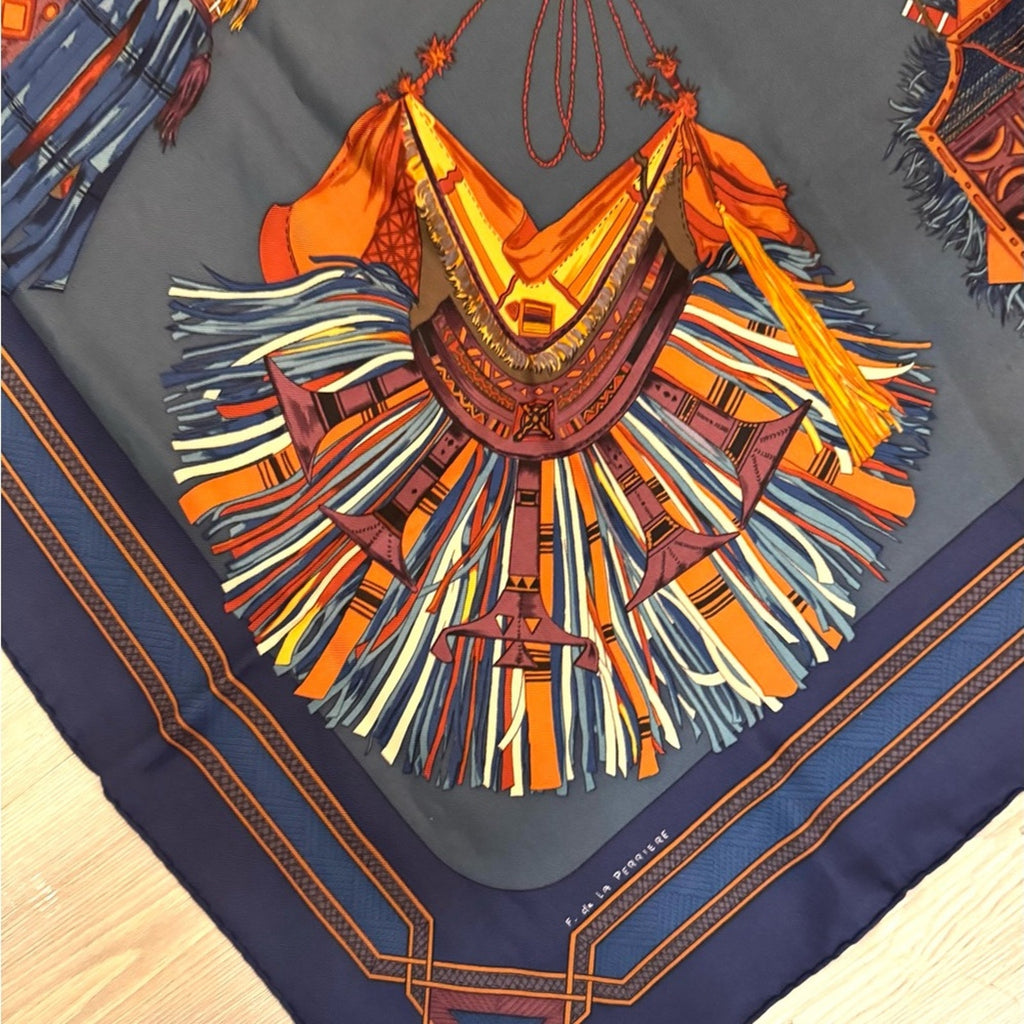 Hermès silk scarf in a darker blue and maroon Color Way, Middle Eastern motif