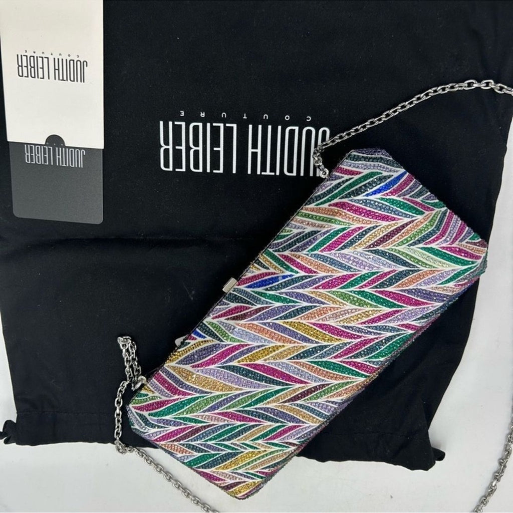 Women's Judith Lieber rectangular beach
mural clutch bag detachable chain Italy