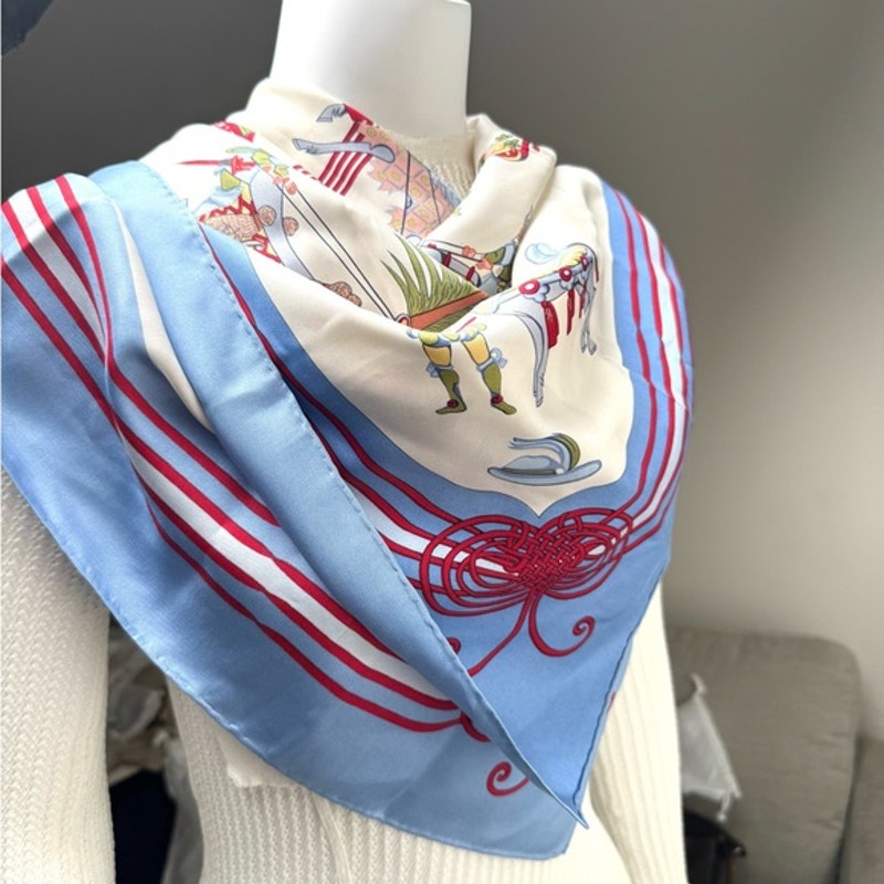 Hermes silk scarf red/blue colorway/whimsical sleds horses w/flourishes of color