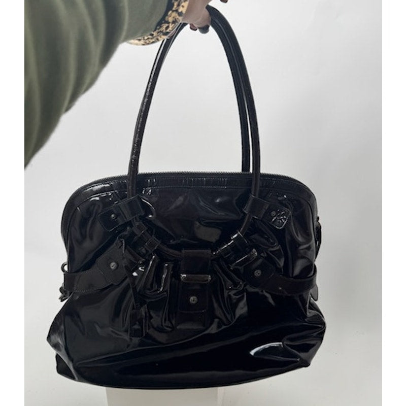 Salvatore Ferragamo Gancini Black Patent Leather Ruched Boho Hobo Bag