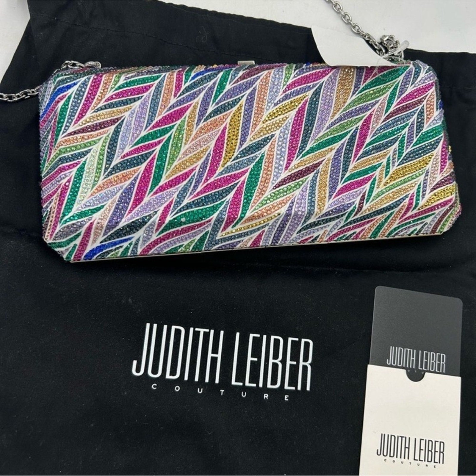 Women's Judith Lieber rectangular beach
mural clutch bag detachable chain Italy