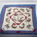 Hermes silk scarf red/blue colorway/whimsical sleds horses w/flourishes of color