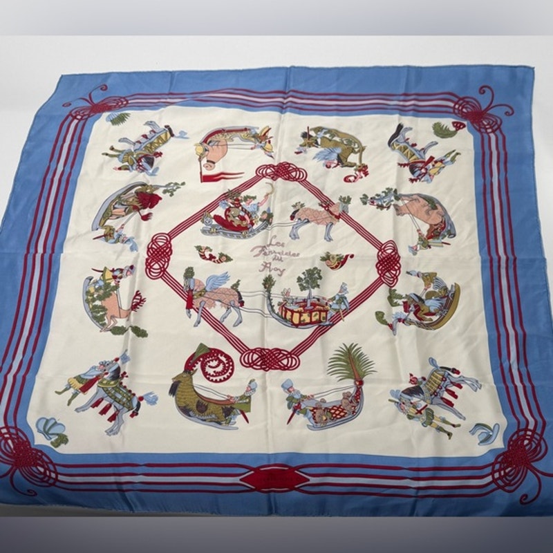 Hermes silk scarf red/blue colorway/whimsical sleds horses w/flourishes of color