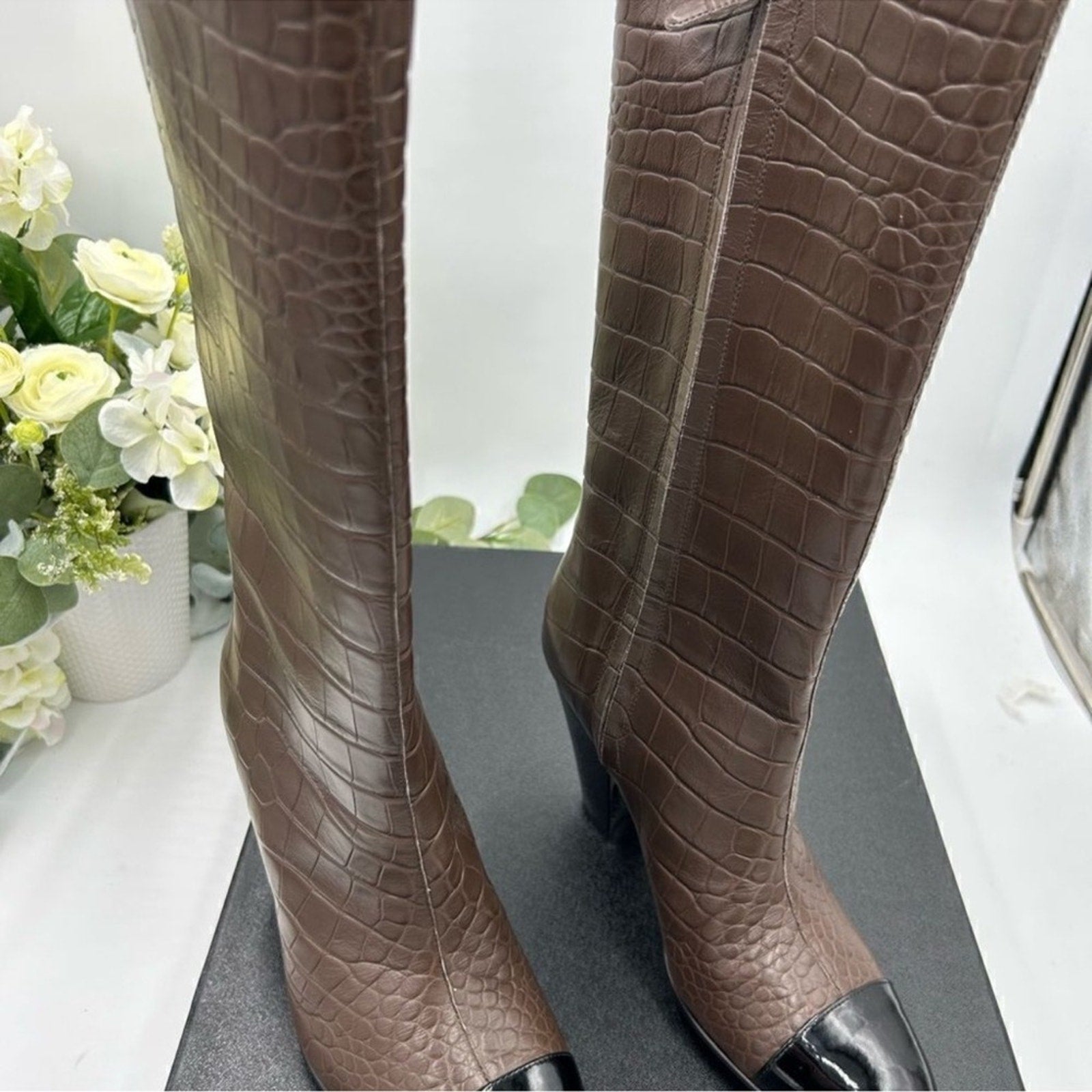 Women's Chanel icon plain toe block, heel boot 
Size 38.5 
Made in Italy.