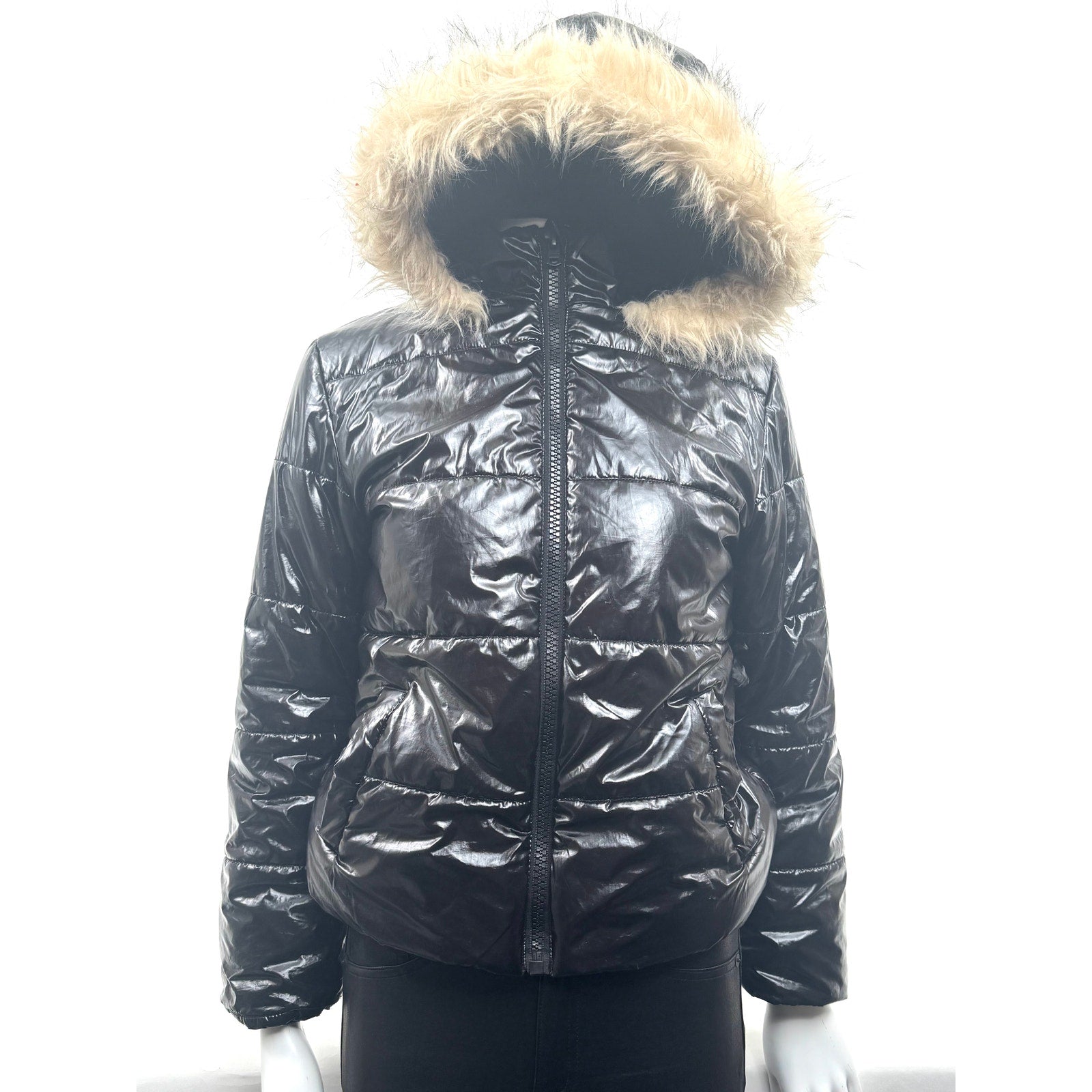 Kids Hudson Black Shiny Puffer Jacket with Faux Fur Hood Size L Fits Women’s XS
