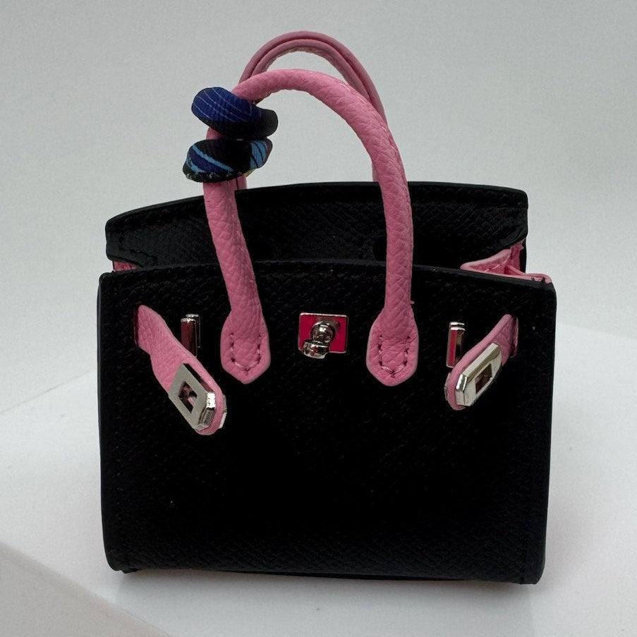 Two-Tone Luxury Leather Miniature Handbag Charm - Mini Bag in Black & Pink
