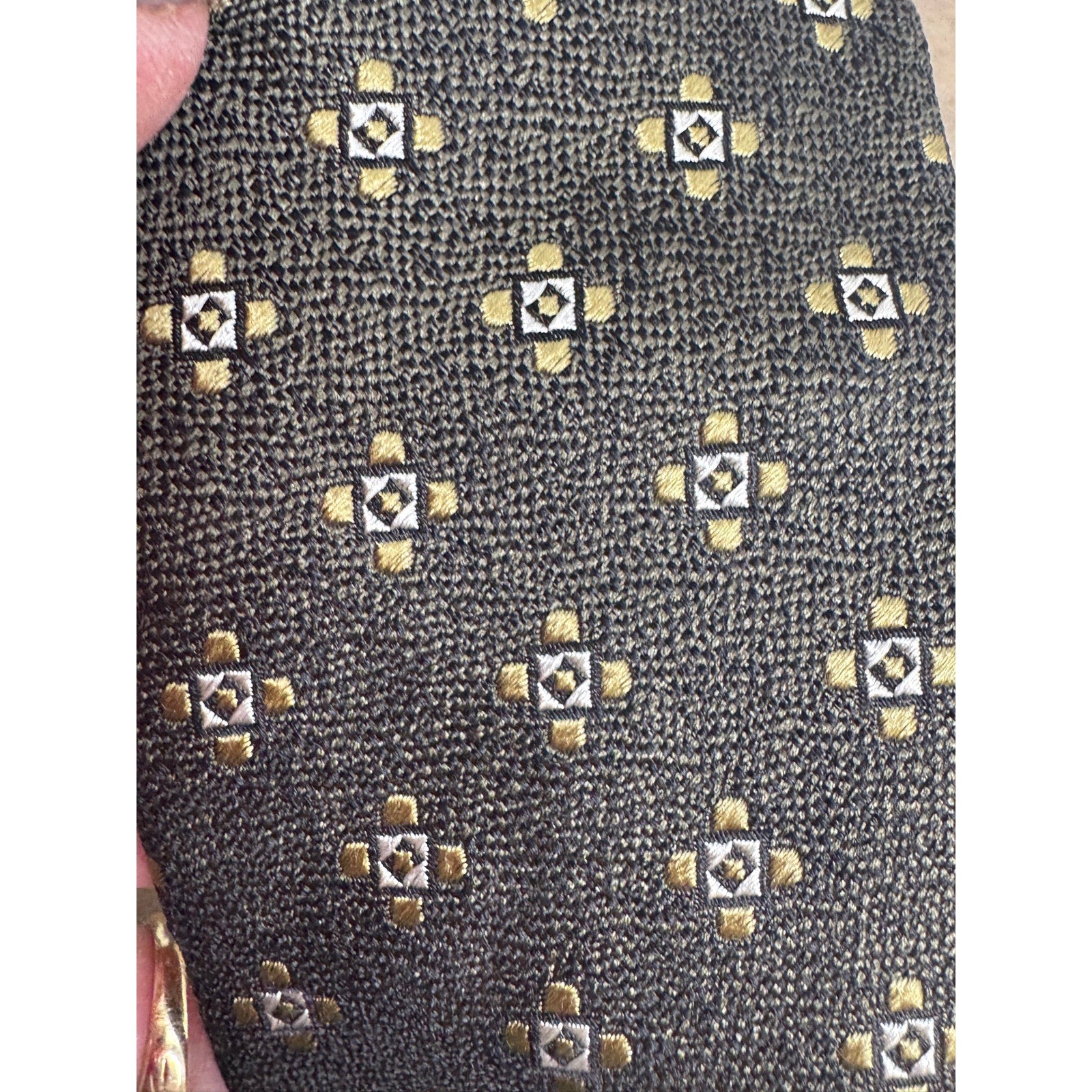 Isaia Napoli Brown & Gold Geometric Medallion Silk Neck Tie Made in Italy