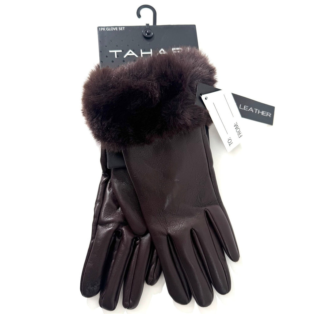 Women's Tahari NWT Brown Leather Gloves With Faux Fur Cuffs
