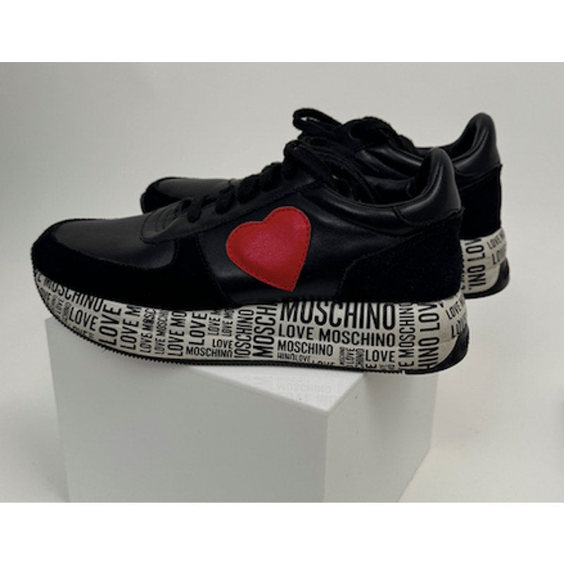 Women's Love Moschino Heart Patch Platform Sneakers Black Red Size 8 EU 38