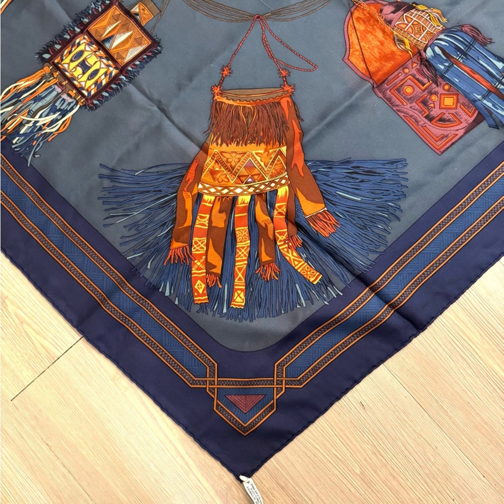 Hermès silk scarf in a darker blue and maroon Color Way, Middle Eastern motif