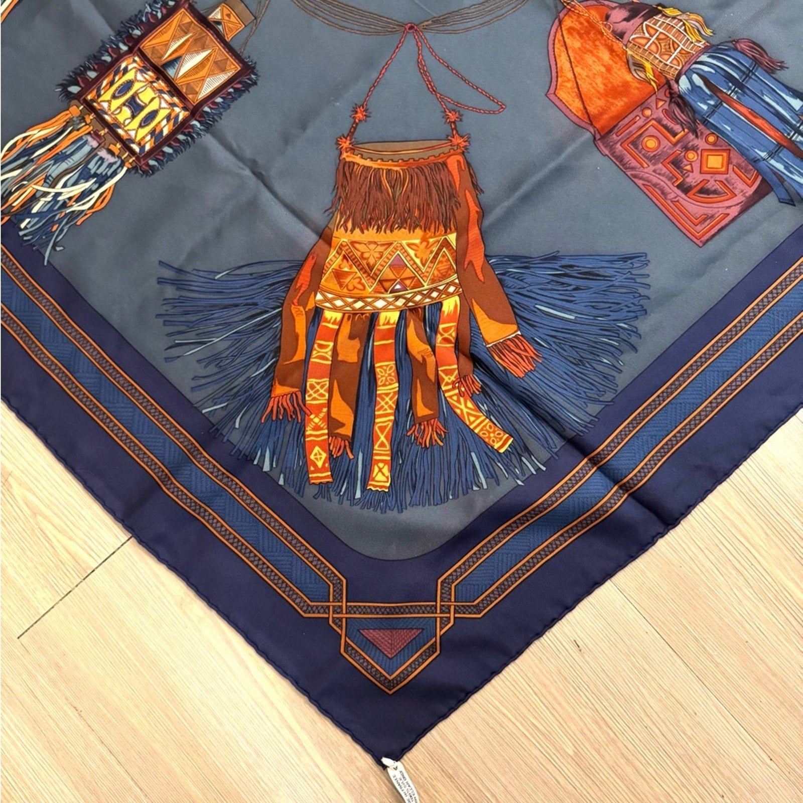 Hermès silk scarf in a darker blue and maroon Color Way, Middle Eastern motif