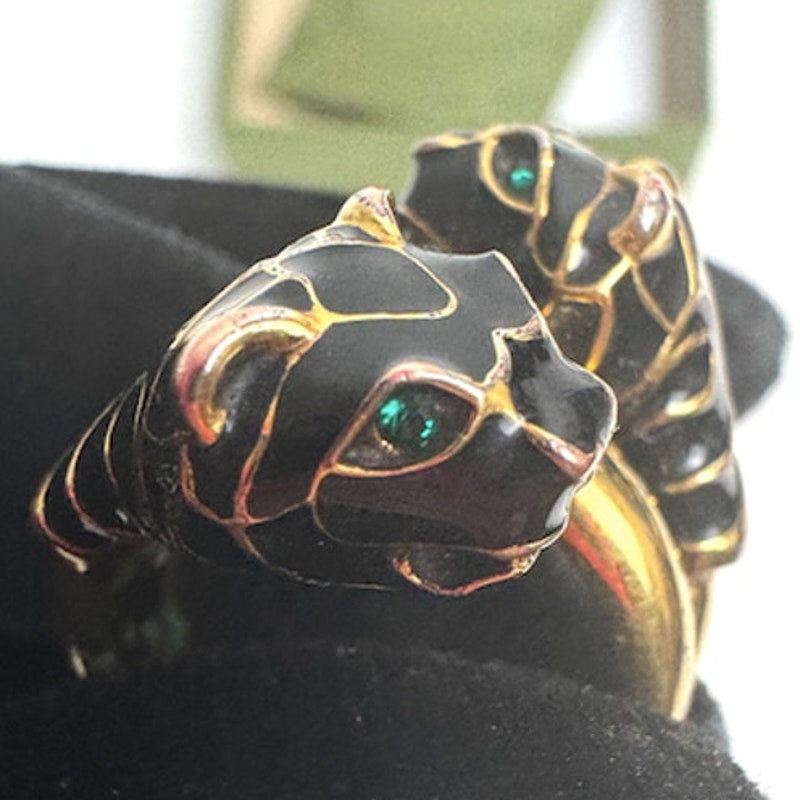 Gucci Garden Tiger Head Statement Ring Gold Plated with Green Crystal Eyes Sz 7