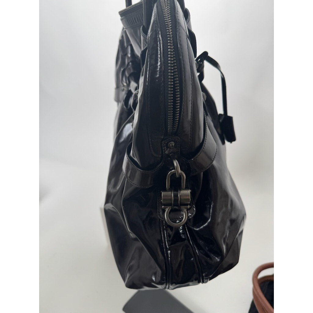 Salvatore Ferragamo Gancini Black Patent Leather Ruched Boho Hobo Bag