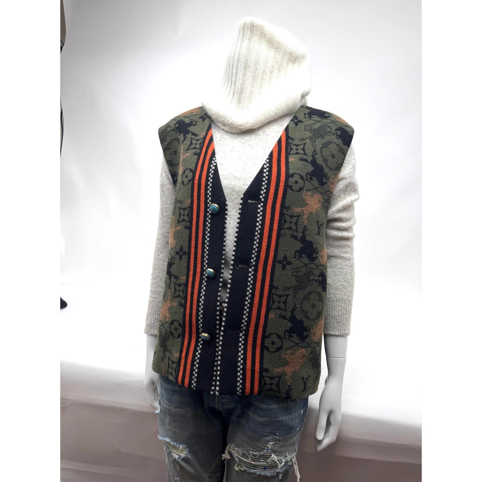 Louis Vuitton Monogram Bull Jacquard Knit Vest Turquoise Buttons XXL