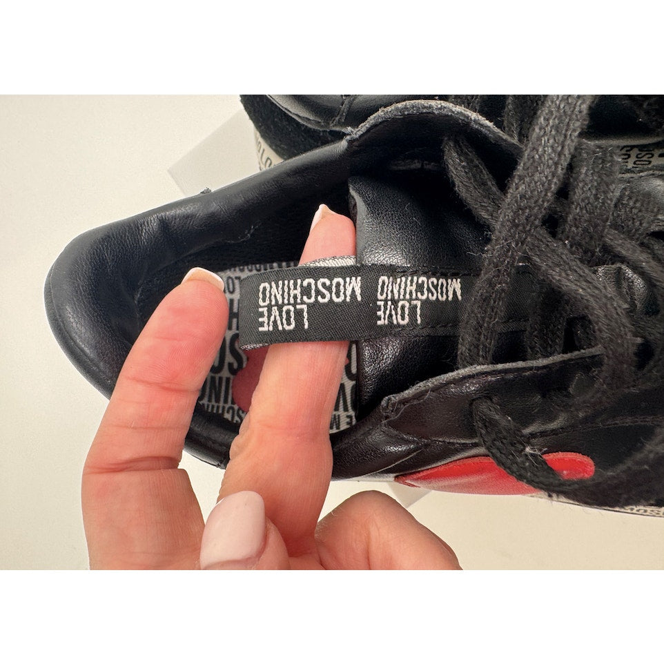 Women's Love Moschino Heart Patch Platform Sneakers Black Red Size 8 EU 38