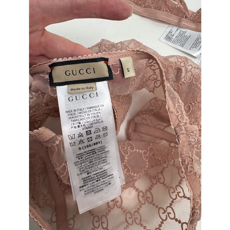 Gucci NWT Blush Pink GG Logo Lace Bra & High Waist Briefs Lingerie Set Size S