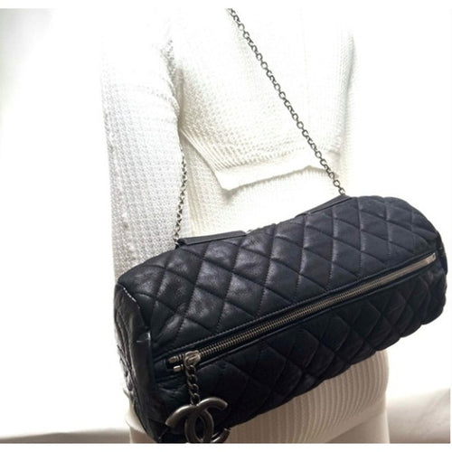 Chanel Black 3-way Leather & Patent Bag w/ Huge CC Charm /Runway Barrel Bag