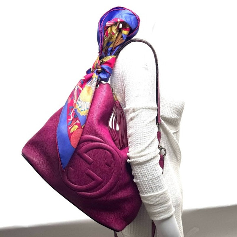 GUCCI Fuchsia Leather Soho w/tassel.Long strap and short strap/ 3 way bag.