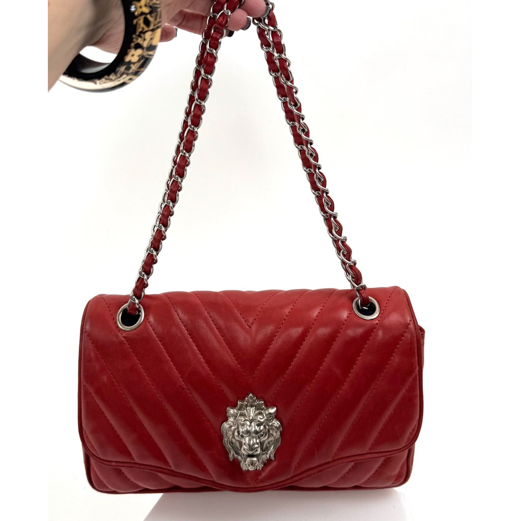 Chanel Red Chevron Leo Lion Flap Bag Lambskin Leather Shoulder Bag