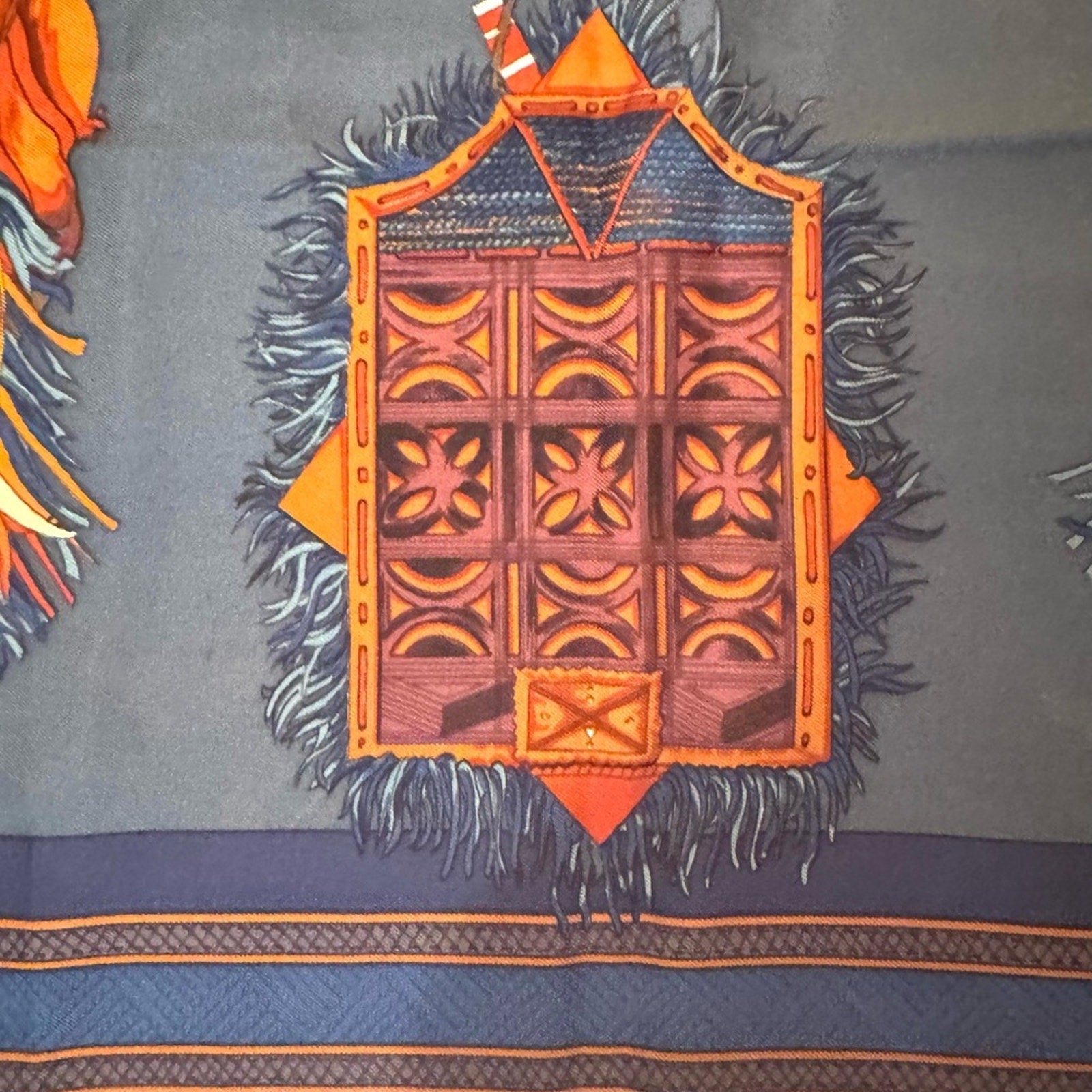 Hermès silk scarf in a darker blue and maroon Color Way, Middle Eastern motif