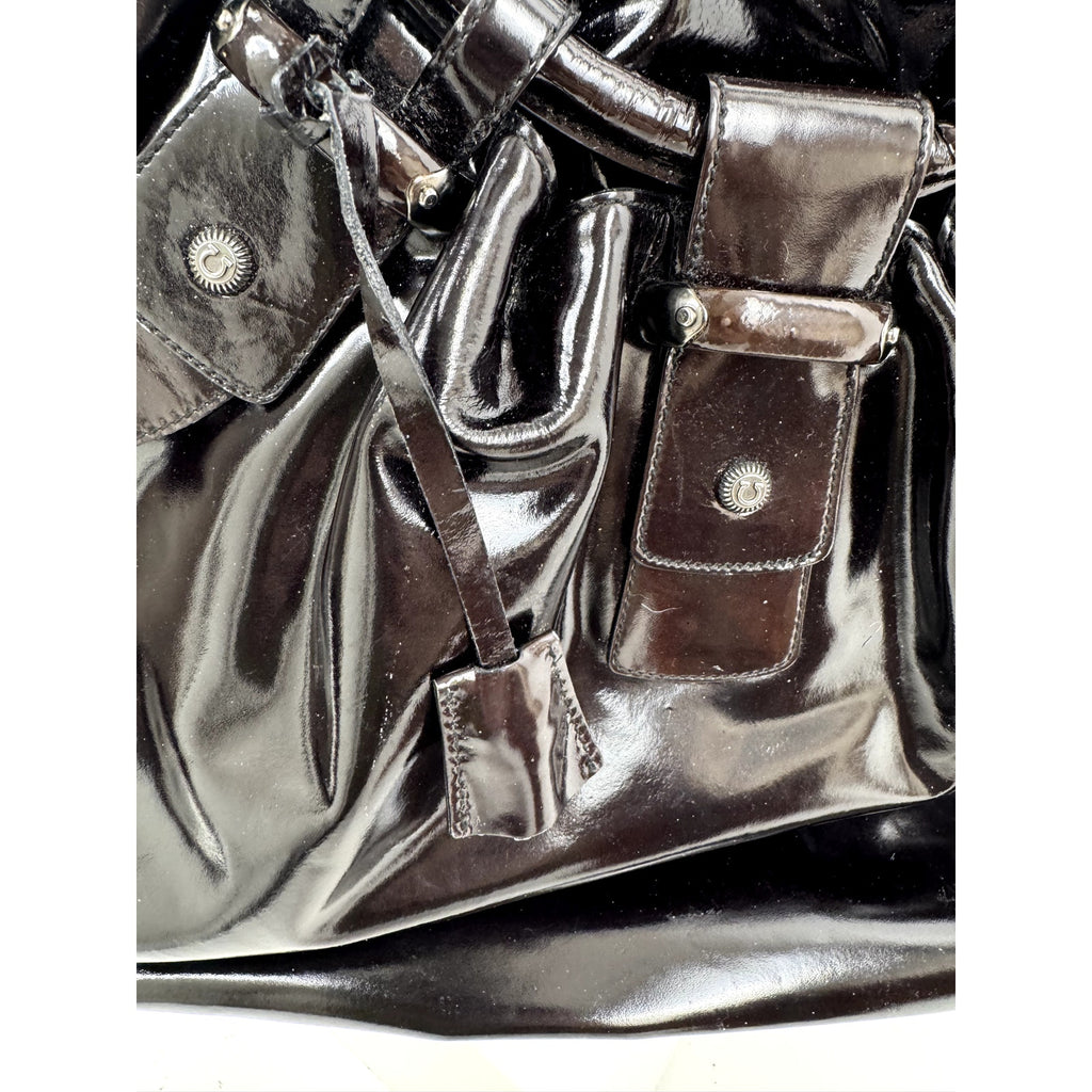 Salvatore Ferragamo Gancini Black Patent Leather Ruched Boho Hobo Bag