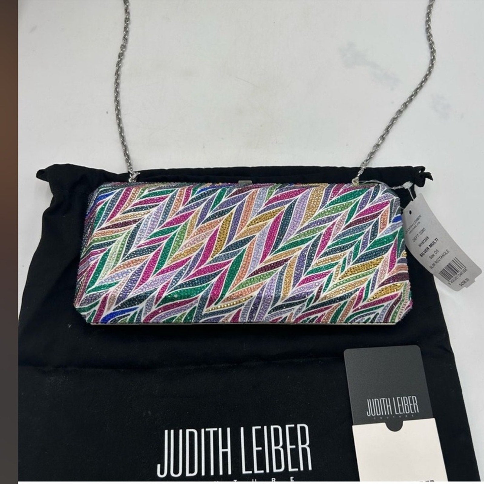 Women's Judith Lieber rectangular beach
mural clutch bag detachable chain Italy