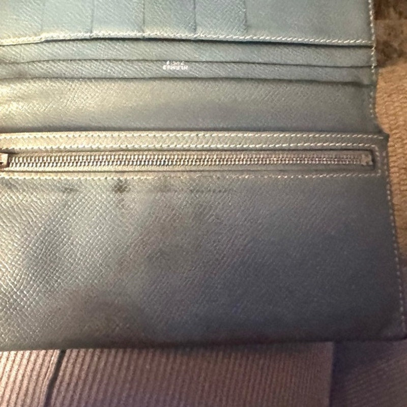 Hermes Blue Jean Tadelakt Bearn wallet Palladium Hardware cream contrast stitch