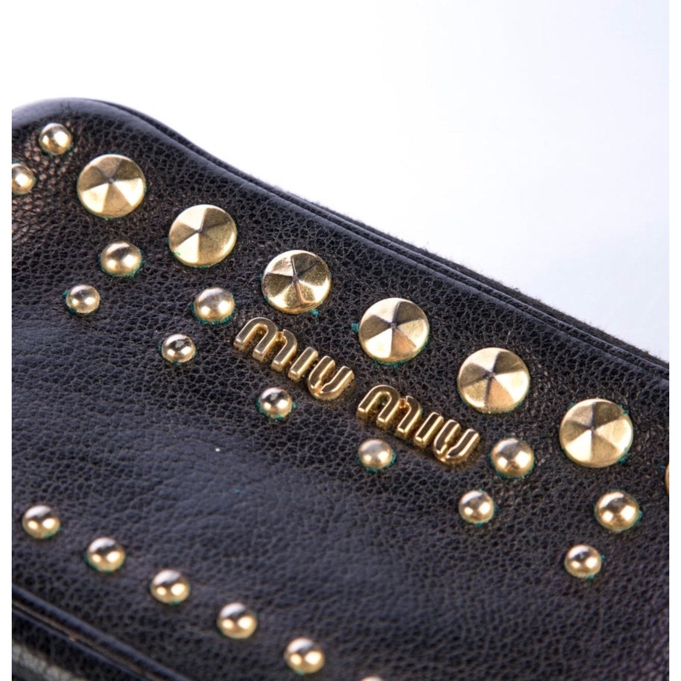 Miu Miu Black Leather Gold Studded Zip Around Wallet