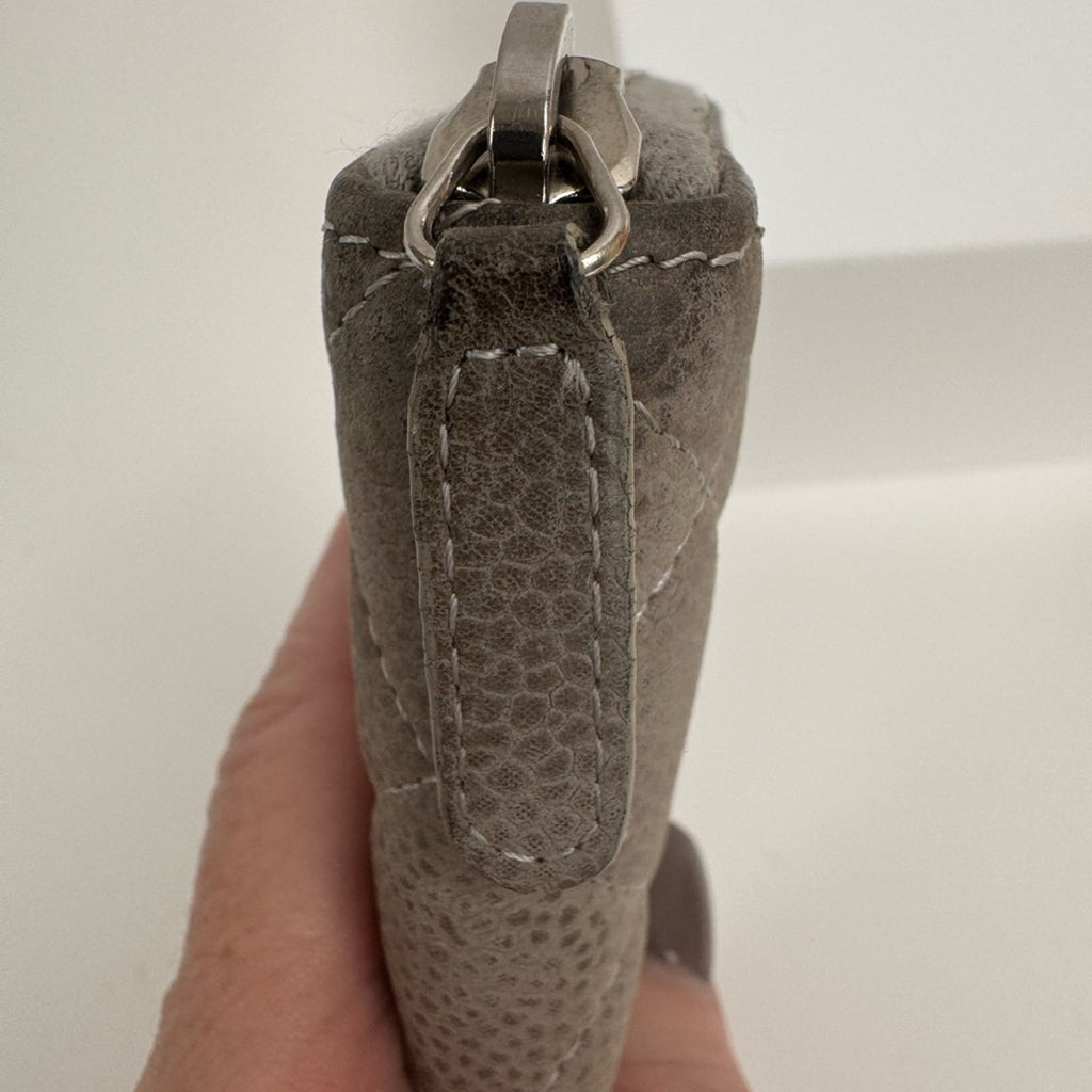 Women’s Chanel zip around long wallet, gray quilted pattern ombre holo present