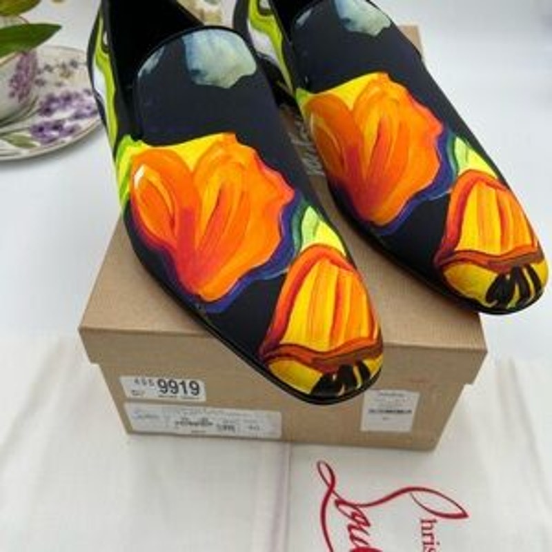 Men's Christian Louboutin, dandy chick roses, satin loafers size 46 made Italy