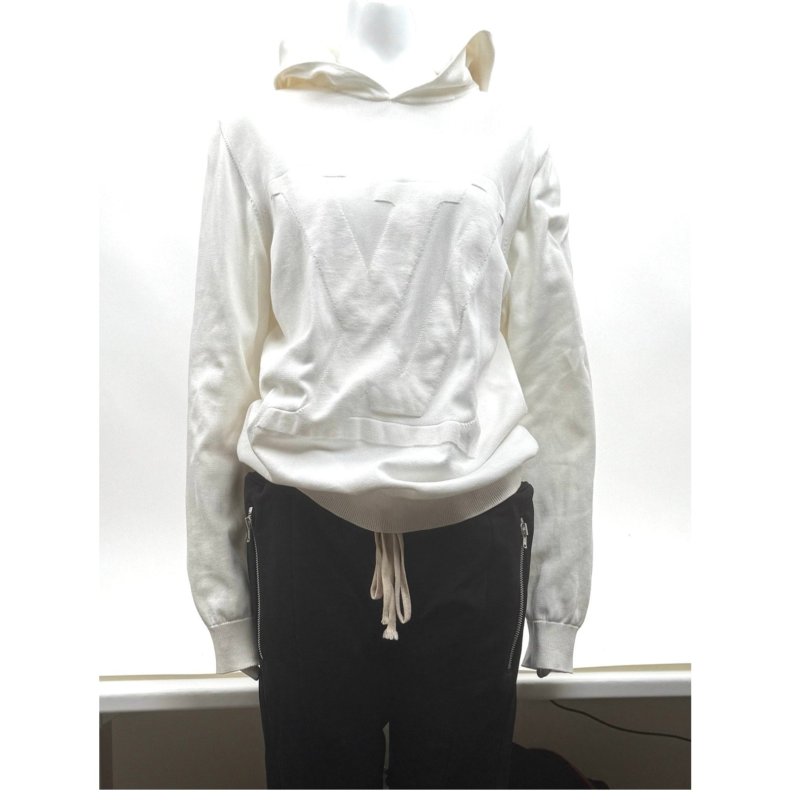 Louis Vuitton White Intarsia Knit Sweater Hoodie Size XL Made in Italy