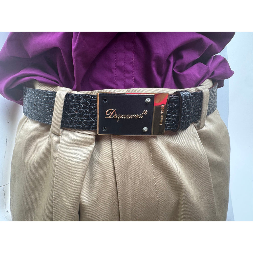 DSQUARED2 NWOT Black Leather Plaque Croc Embossed Belt Size 70 Made in Italy