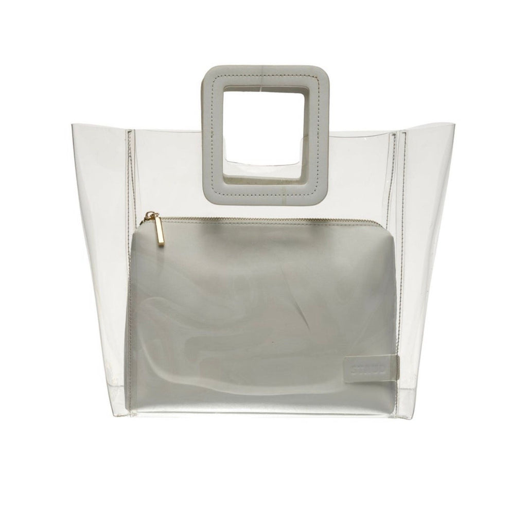 Staud Shirley Large Clear PVC Tote Bag White Leather Trim Top Handle Pouch