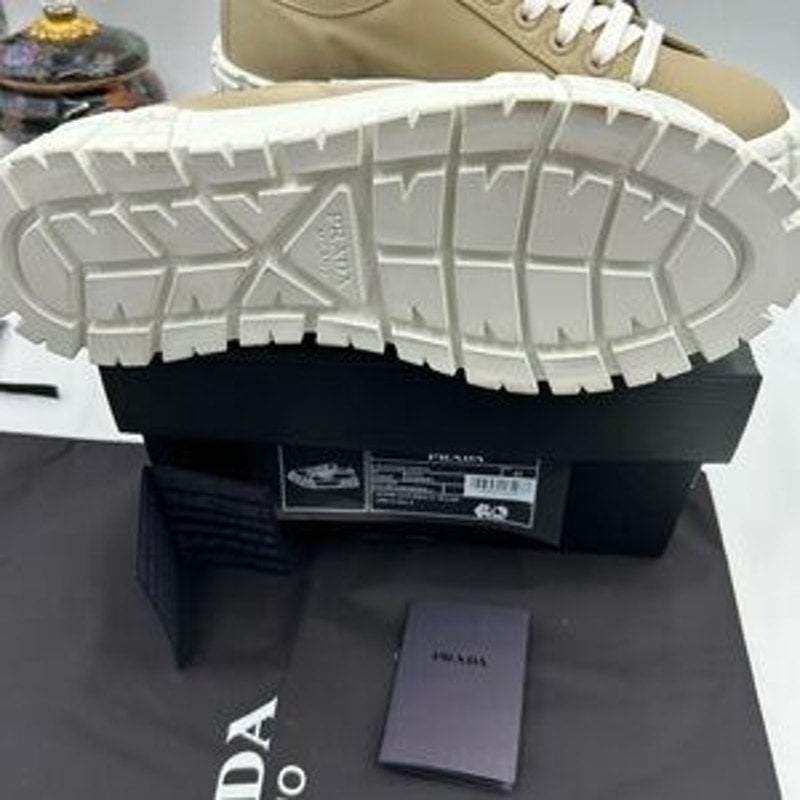 Women's Prada double wheel nylon gabardine sneakers, desert beige size 41