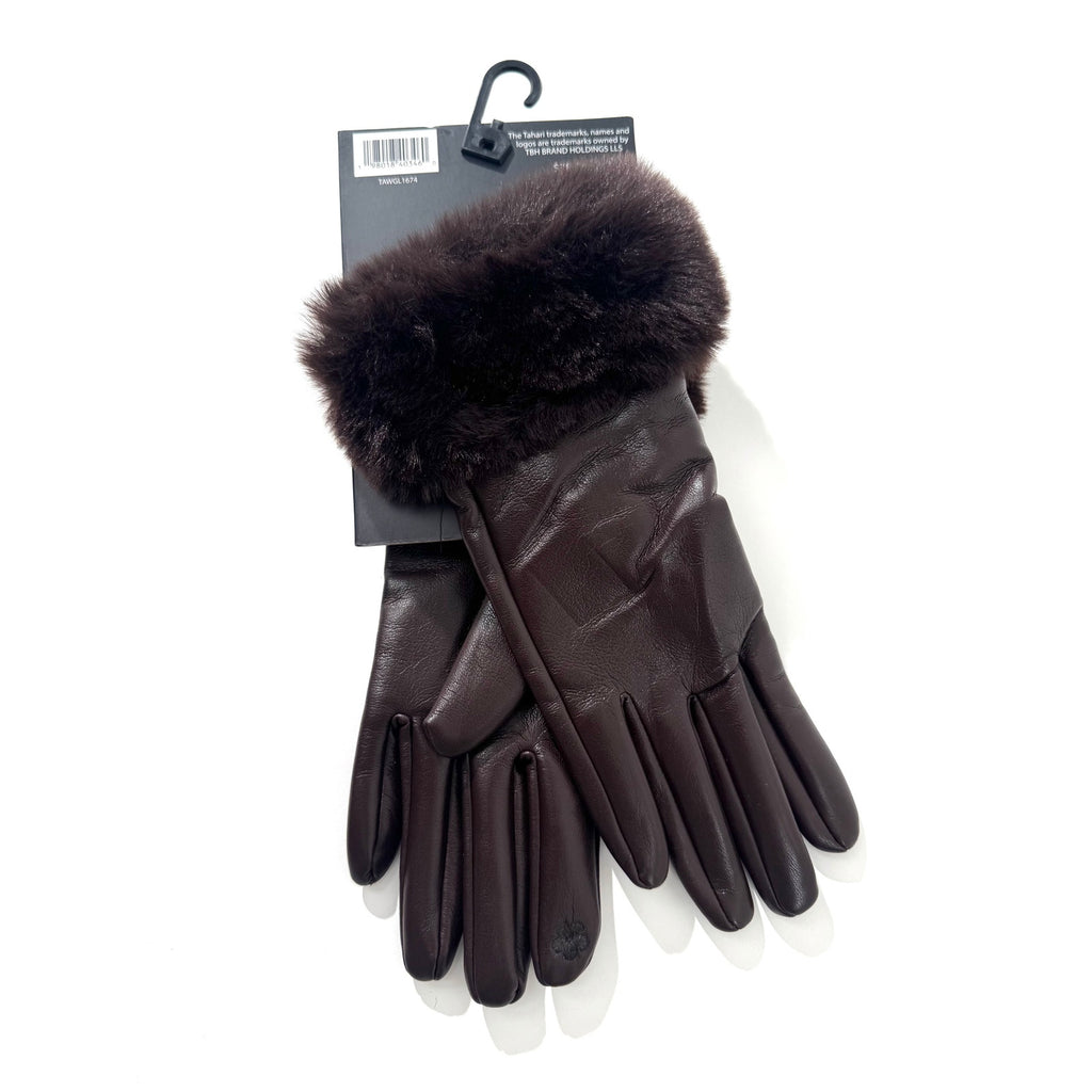 Women's Tahari NWT Brown Leather Gloves With Faux Fur Cuffs